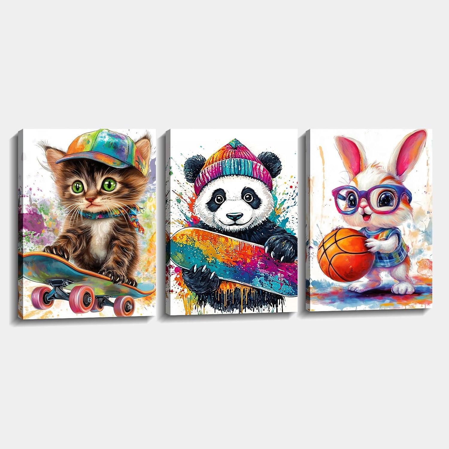 Nursery Canvas Wall Art 3 Piece Bunny Elephant Bear with Purple Skirts Picture Cute Animal in Dance Painting Prints for Kids Room Living Room Wall Decor Framed(Art-1,11.00"x14.00"x3P)