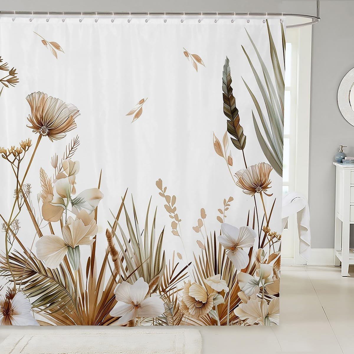 jejeloiu Brown Floral Leaves Shower Curtain for Bathroom Decor 72"x78" Kids Bath Curtain Boys Girls Boho Bohemian Bathroom Accessories Spring Wildflower Waterproof Polyester Fabric,12 Hooks Suits
