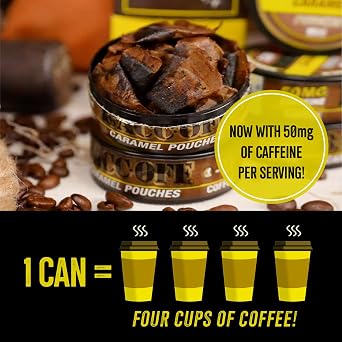 1 Can, BaccOff Caramel Coffee Pouches, 50 MG of Caffeine Per Serving, Sweet, Buttery Caramel with Dark Coffee Flavors, 16 Pouches