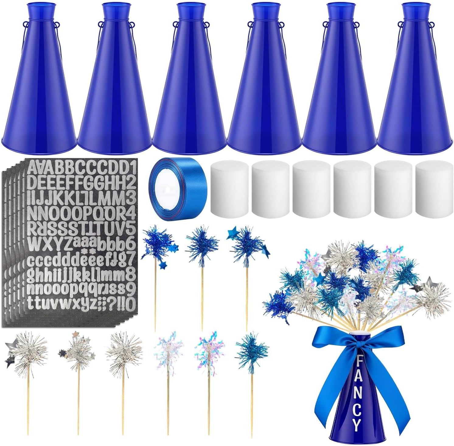 Blue Cheer Megaphone 6-Pack – Party Decorations with Ribbon, Foam, Stickers, and 108 Decorative Picks for Team Events, Birthday Parties, Centerpieces, and Outdoor Activities