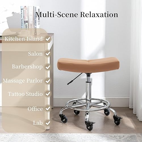 Vista 26 de Taburete enrollable ajustable resistente con asiento ancho, ruedas de goma bloqueables y reposapiés, silla giratoria para cocina, laboratorio, Gris