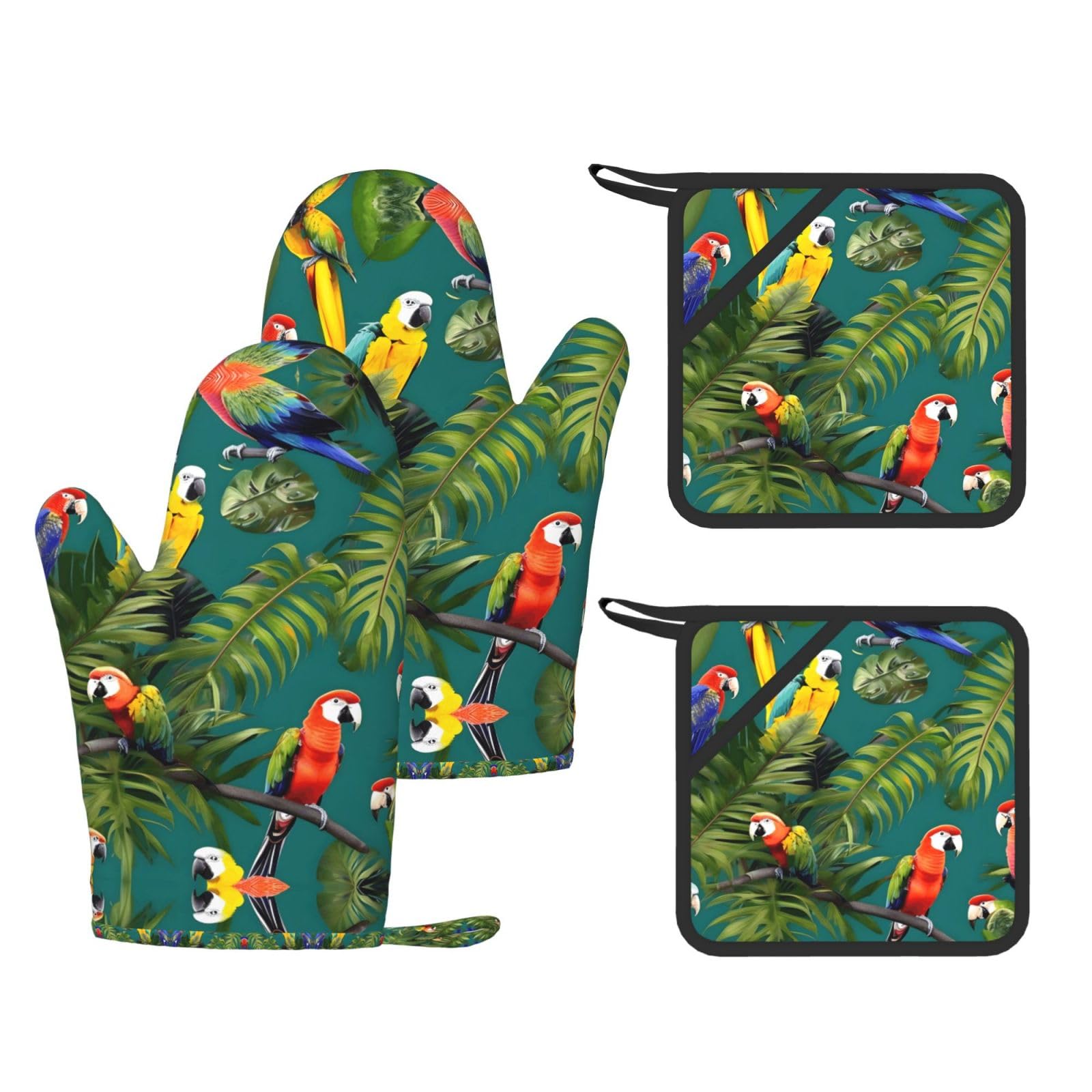 Gants de cuisine en silicone lot de 4 anti-chaleur à motifs plantes exotiques et perroquets
