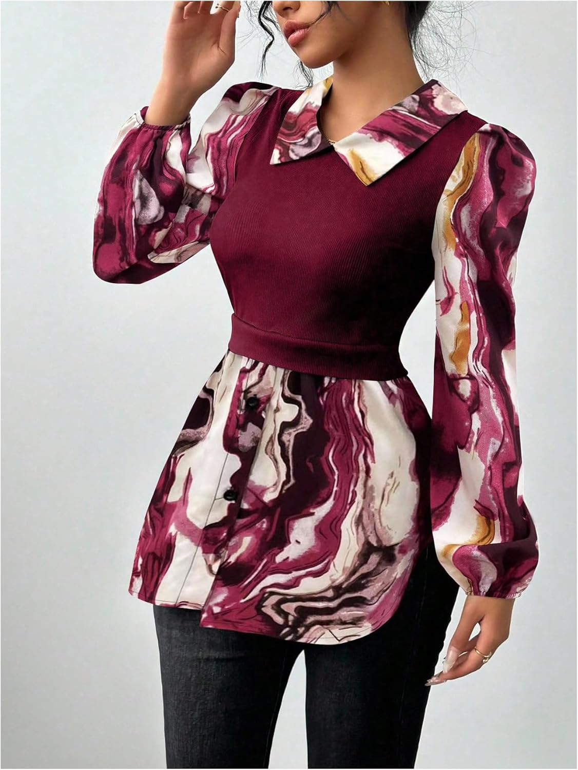 GORGLITTER Women's Long Sleeve Peplum Tops Blouse Dressy Casual Button Down Collared Shirts Fall Teacher Baby Doll Tops