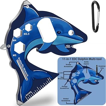 Cool Dolphin Shaped EDC Multi Tool with Carabiner - 11 in 1 Pocket Tool with Screwdriver Bottle Opener Gadget for Outdoor Travel Men Women Gift Fathers Day Birthday Valentines Stocking Stuffer