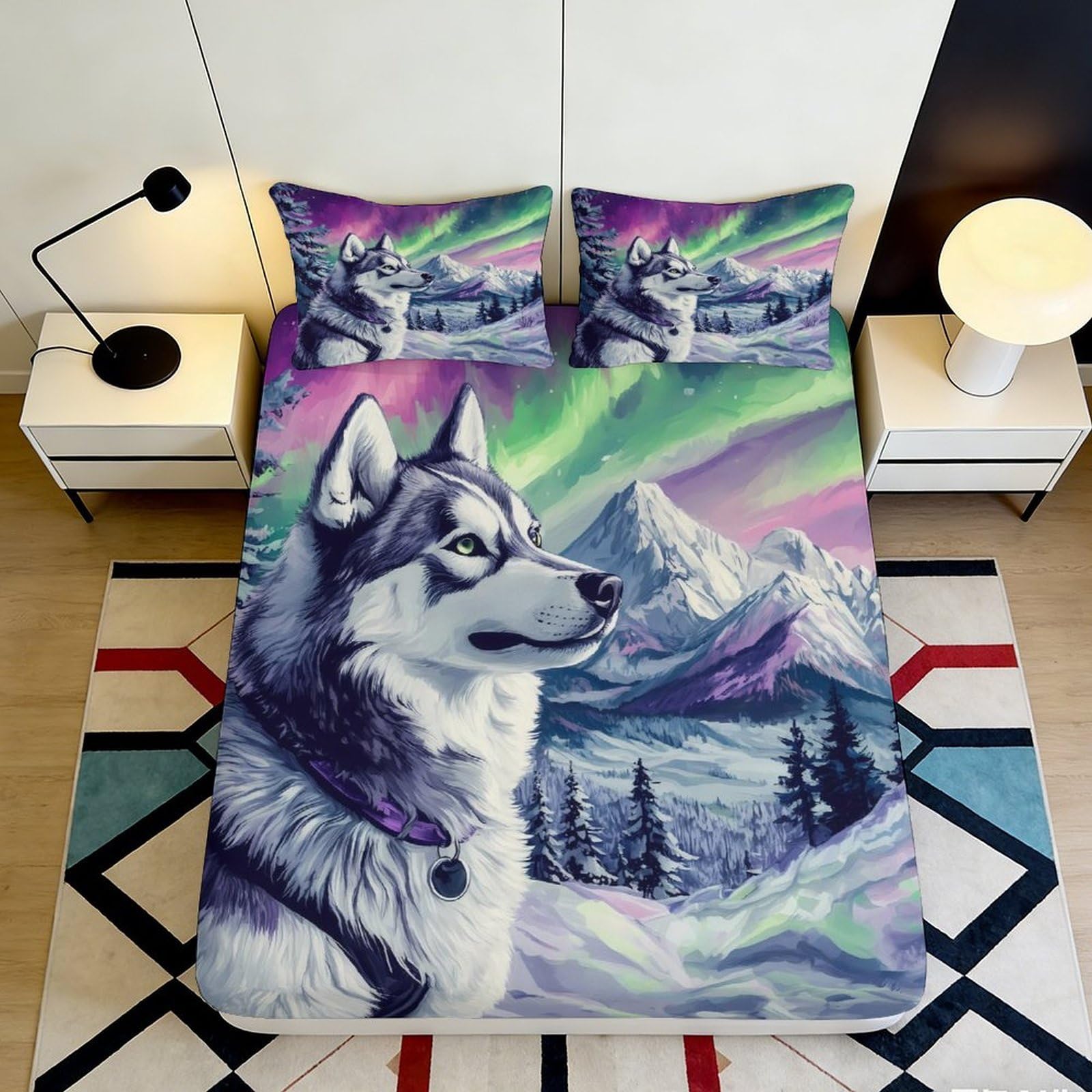 3D Printed Husky Aurora Fitted Sheet Microfiber Soft Mountain Landscape Bed Cover for Bedroom Guestroom Decor 90x200x25cm