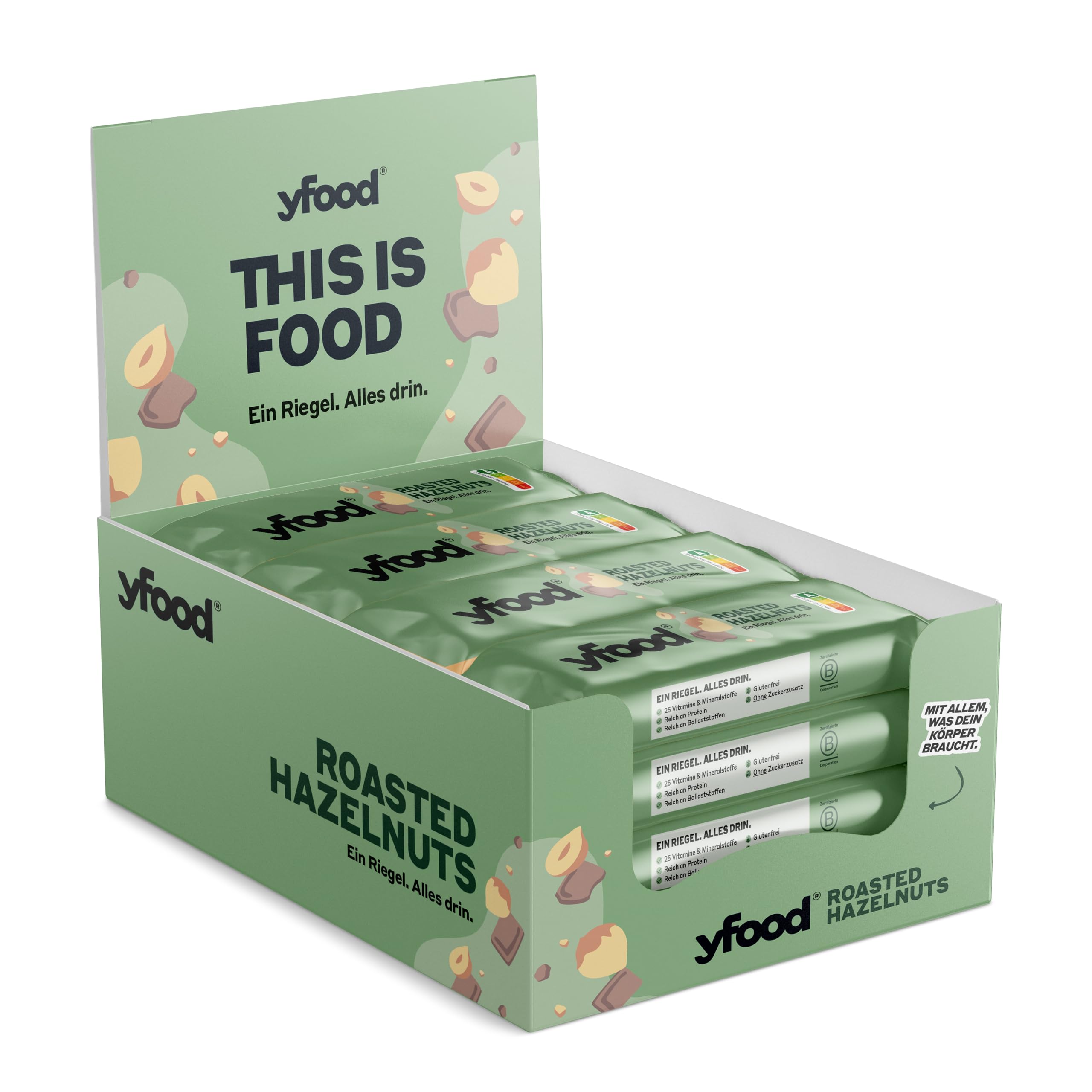 Barre yfood Roasted Hazelnuts, barre protéinée à emporter, 13 g de protéines, 25 vitamines et minéraux (12 x 60 g)