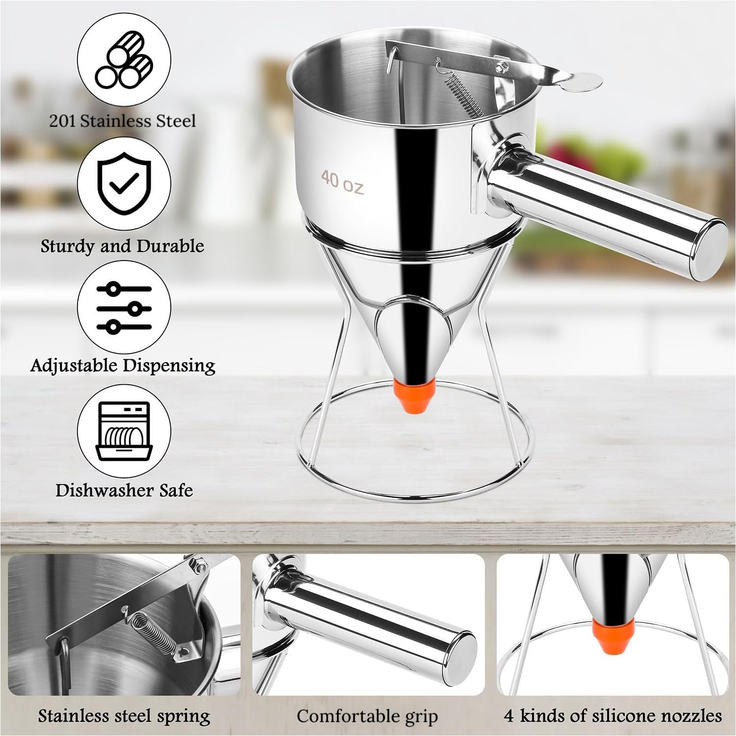 Stainless Steel Pancake Batter Dispenser, 40oz,4 Silicone Nozzles
