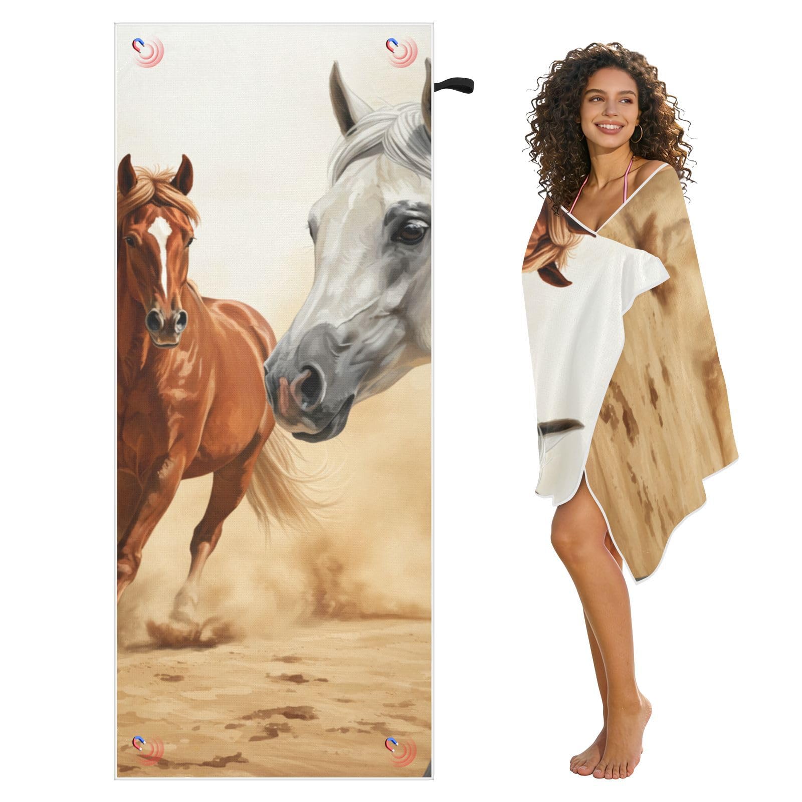 Toallas de playa grandes con bolsas de malla para adultos, toalla de baño de caballo blanco y caballos marrones con cierre magnético, toalla absorbente de secado rápido para piscina, camping y
