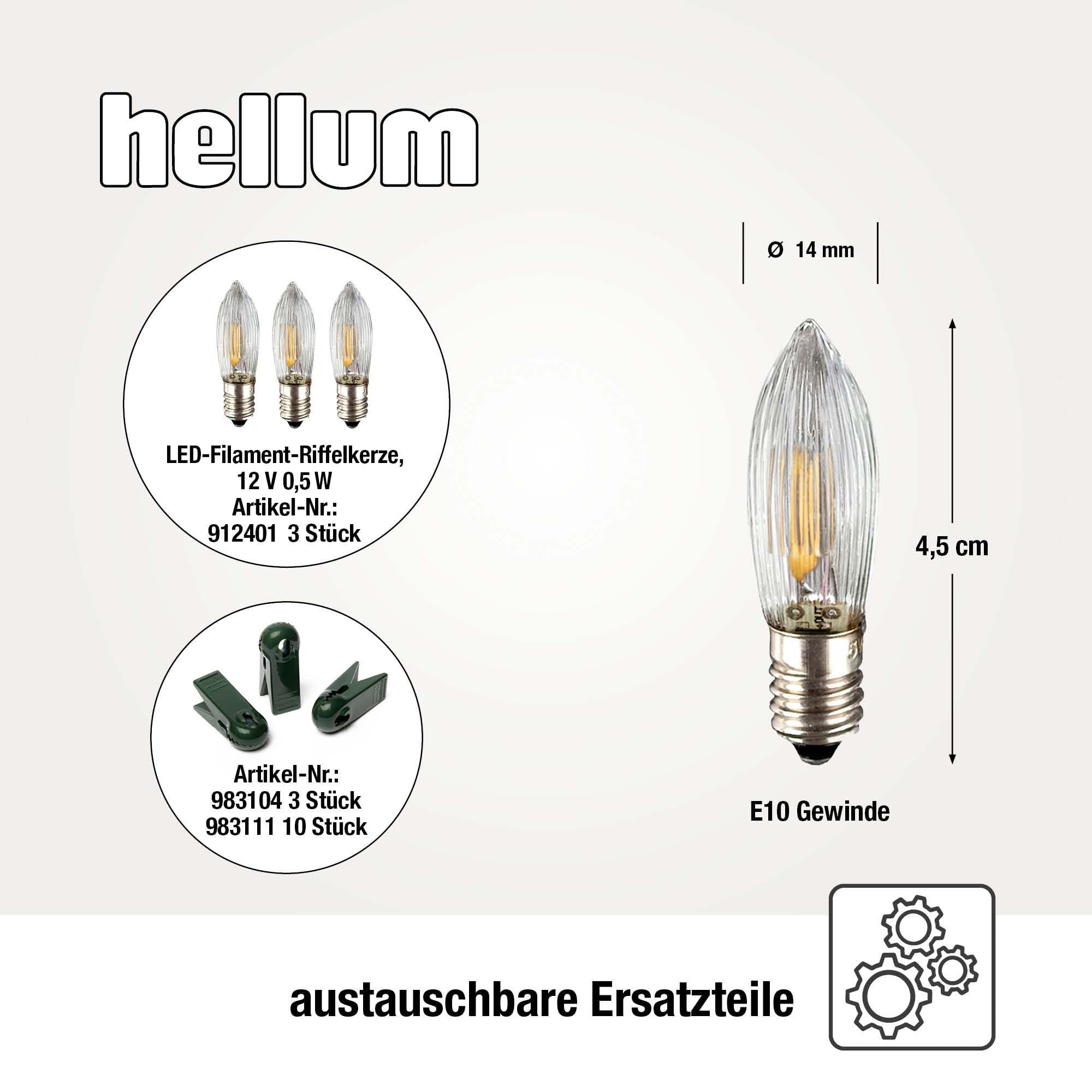 hellum Lichterkette LED-Filament mit Wachstropfen, Made in Germany, Riffelkerzen mit Clip, 20 Lichter, beleuchtete Länge 13,3 m, warmweiß, Schaft perlmutt, für Innen, teilbarer Stecker <59lm 814095