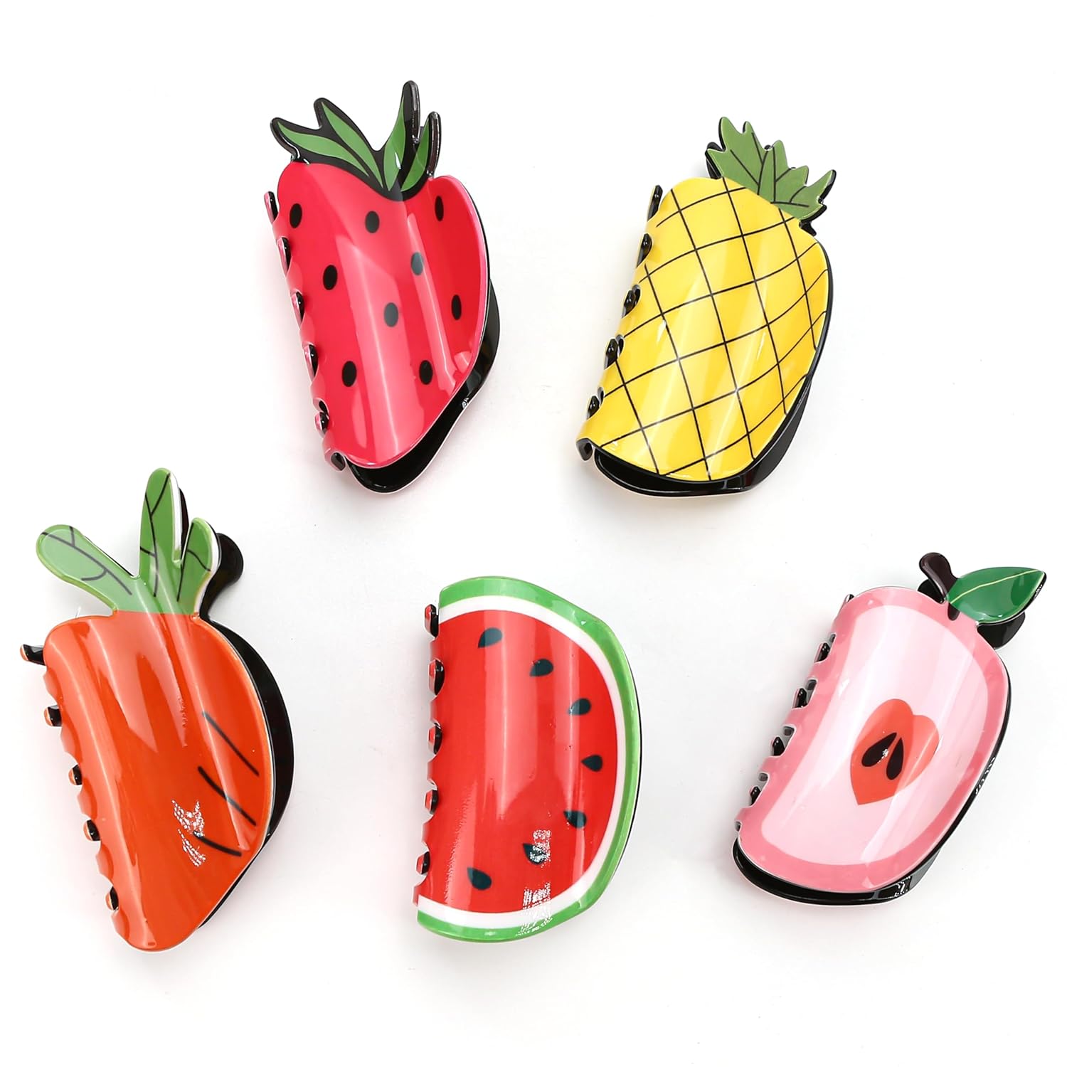 5PCS Funky Hair Claw Clips in Fruit Shape - Novelty Food-Inspired Jaw Barrettes, Sweet Shark Grab Accessories in Bulk for Women Girls Teachers (Peach Pineapple Watermelon Carrot Strawberry) - Image 5