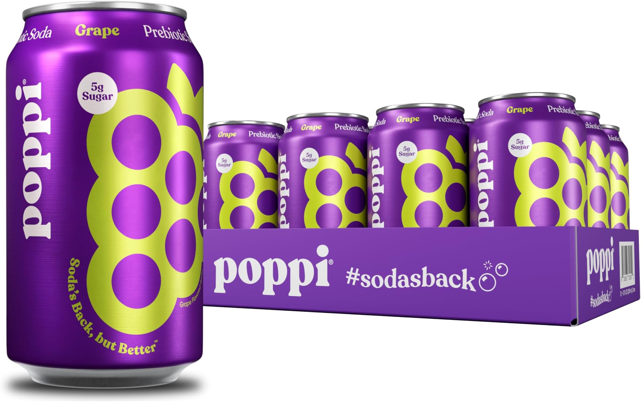 Poppi Sparkling Prebiotic Soda Beverage with Apple Cider Vinegar, Seltzer Water and Fruit Juice, Grape Flavor, 12 Fl Oz, Pack of 12, Packaging May Vary