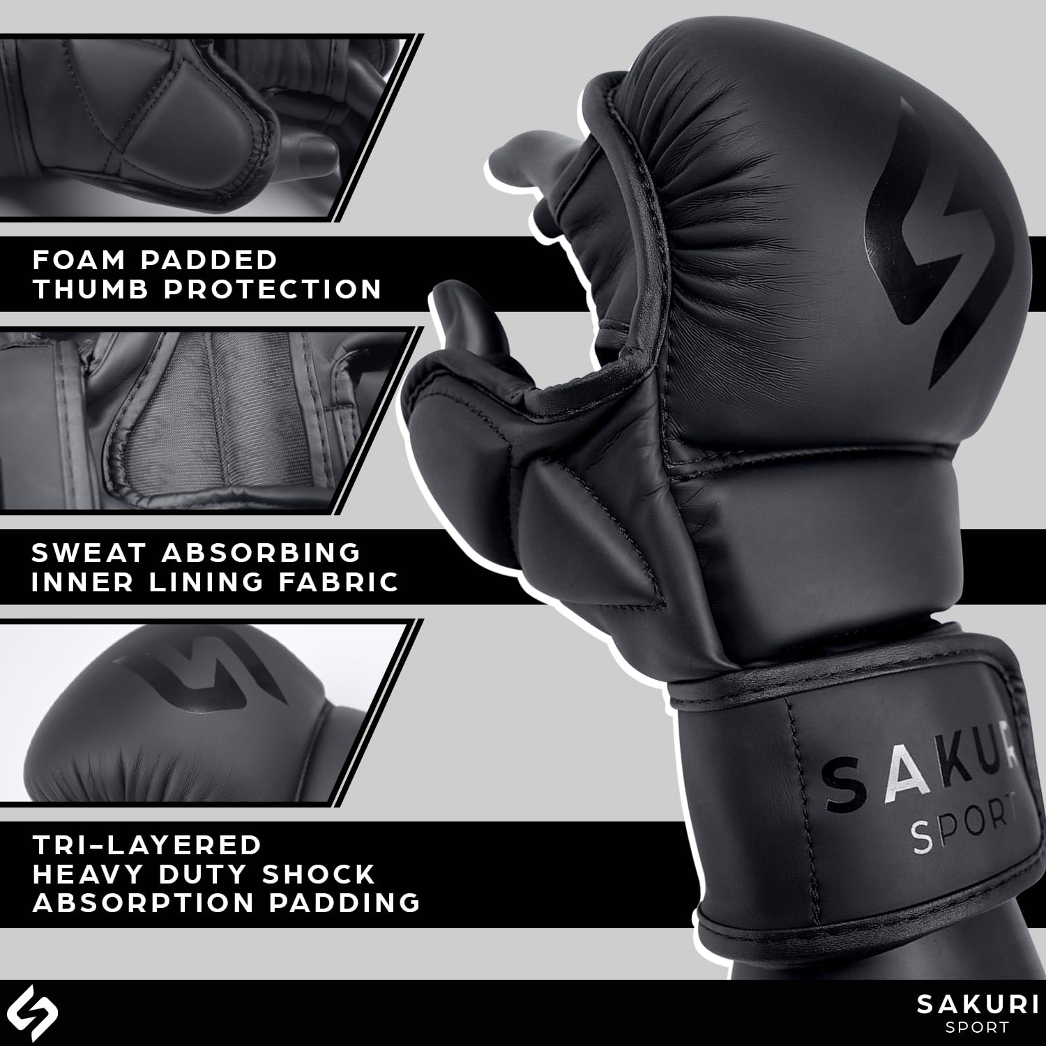 SAKURI MMA Sparring Gloves, Maya Hide Leather, Black Grappling Martial Arts Training Mitts, Cage Fighting Combat, Muay Thai - Image 3