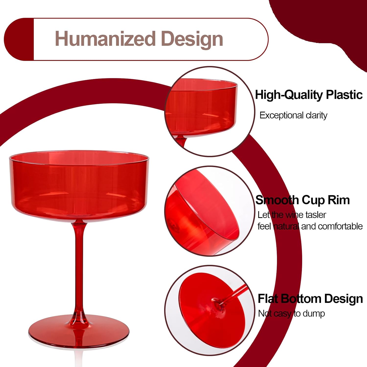 Ciaell 12PCS Plastic Martini Glasses - 10 Oz Red Disposable Coupe Glasses with Stem - Heavy Duty Margarita Cups for Bars, Cocktails, Whiskey, Parties & Wedding & Valentine's Day - Image 3