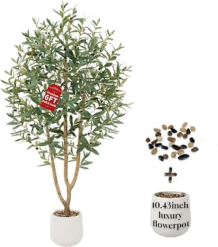 180cm Olive Trees Artificial, Large Faux Olive Tree with White Tall Planter, Faux Tree Indoor with Lush Lifelike Fruits for Living Room Bedroom Balcony Corner Office Home Decor