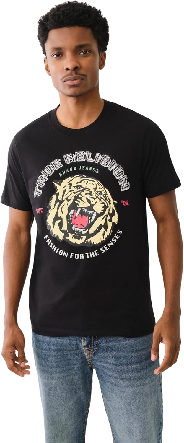 True Religion Men's Tiger Face Bling Short Sleeve Tee - Casual Graphic Crew Neck T-Shirt-Jet Black