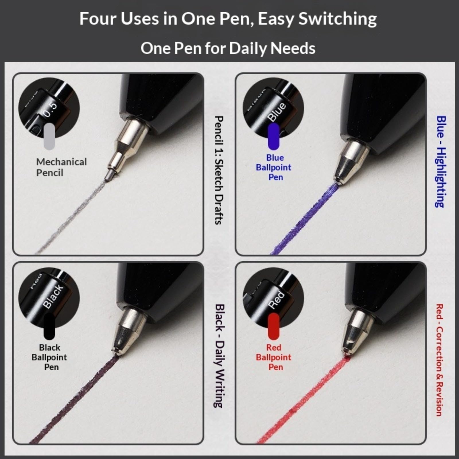 4 in 1 penna del sensore di gravità, strumento di scrittura metallico multifunzionale, 3 colori a sfera & matita meccanica 0,5 mm, ritirabile per ufficio e scuola