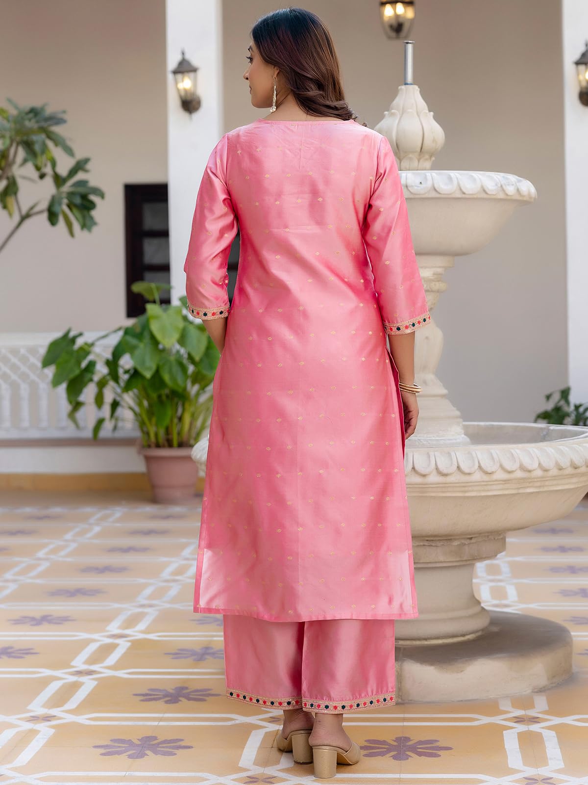 Sanisa Women's Tafetta Embroidery And Sequins Work & Weaving Straight Kurta With Pant And Dupatta Set (204Kbd2166N-L_Dull Pink)