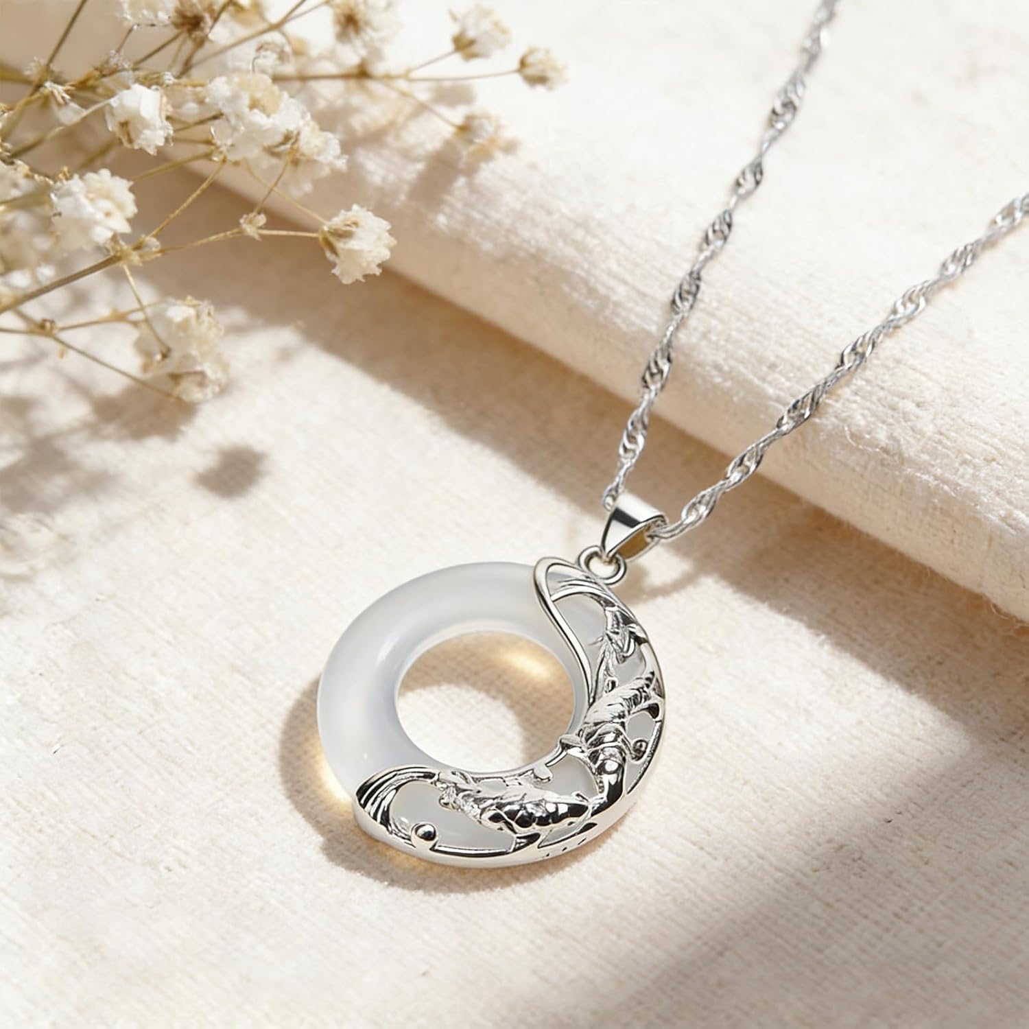 Mothers Day Gifts White Jade Necklace for Women, Koi Fish Circle Jade Pendant Necklace Harmony Good Fortune Pendant Healing Jewelry for Mom Wife