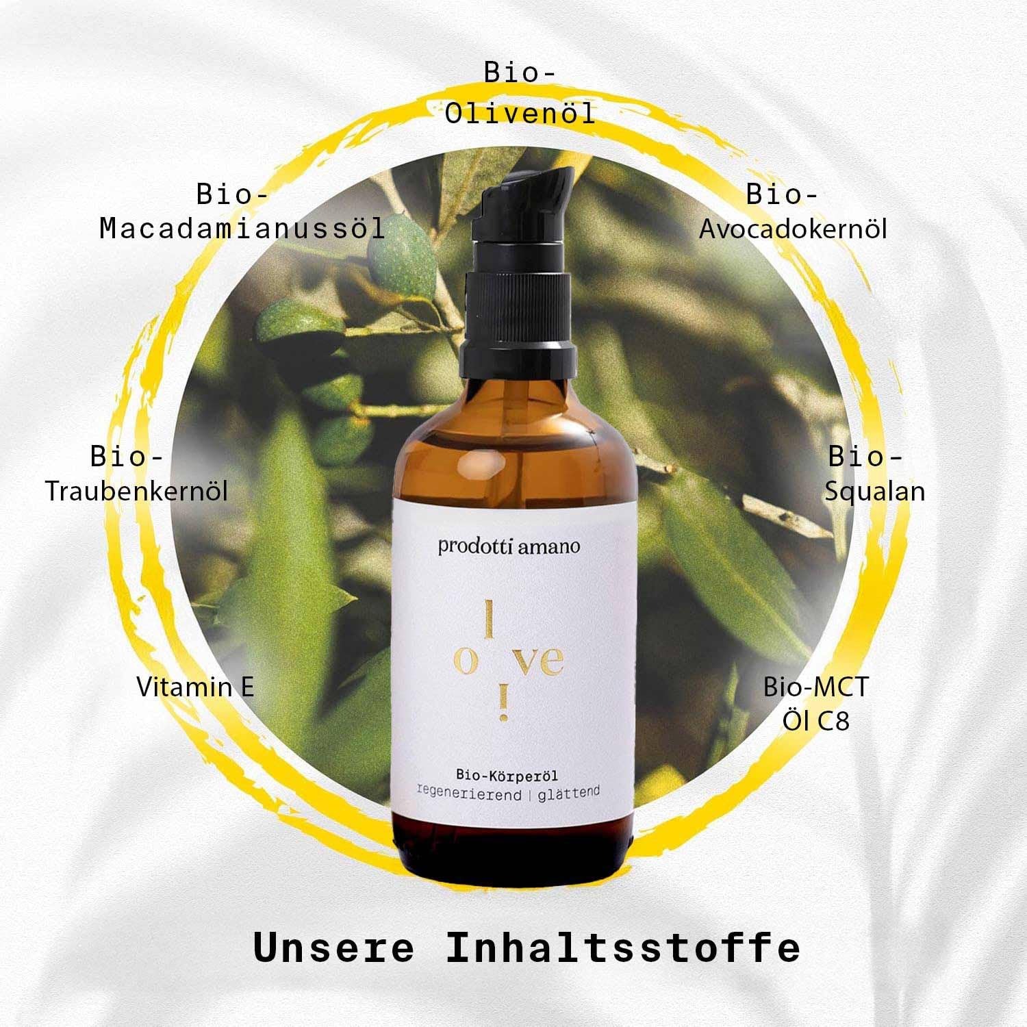 I BIO Olivenöl Körperöl für trockene Haut I 100 ml | Sensible Vegane Hautpflege I Bewahrt Feuchtigkeit, Regeneriert und Glättet I Naturkosmetik inkl. 5 Öle & Extrakte