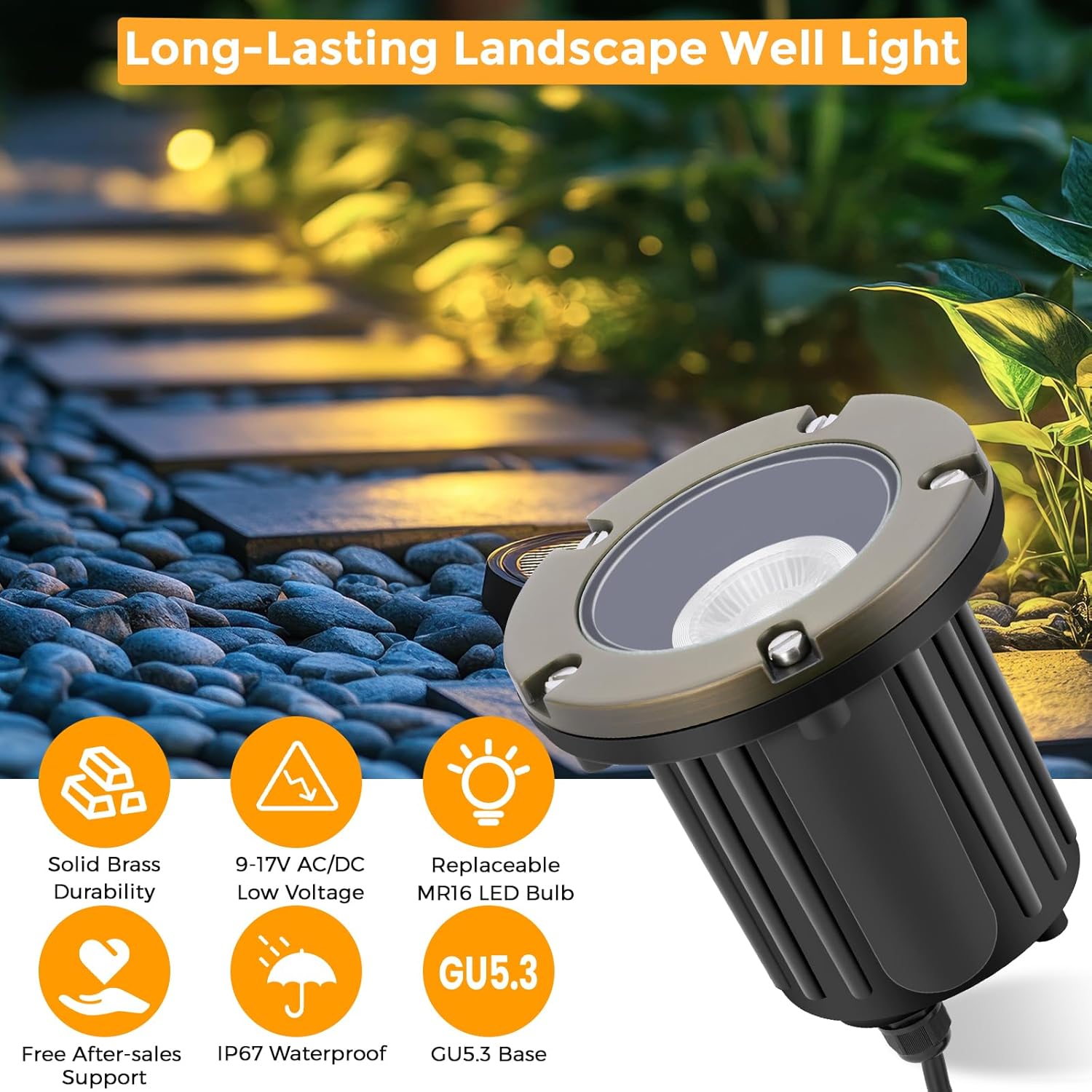 Gardencoin Brass Low Voltage Landscape Well Lights (5" Cover, 5.5" Tall), 12V LED Wired In-Ground Outdoor Up Lighting Fixture Waterproof, Adjustable Beam Direction Base, Without MR16 Bulb (4 Pack)
