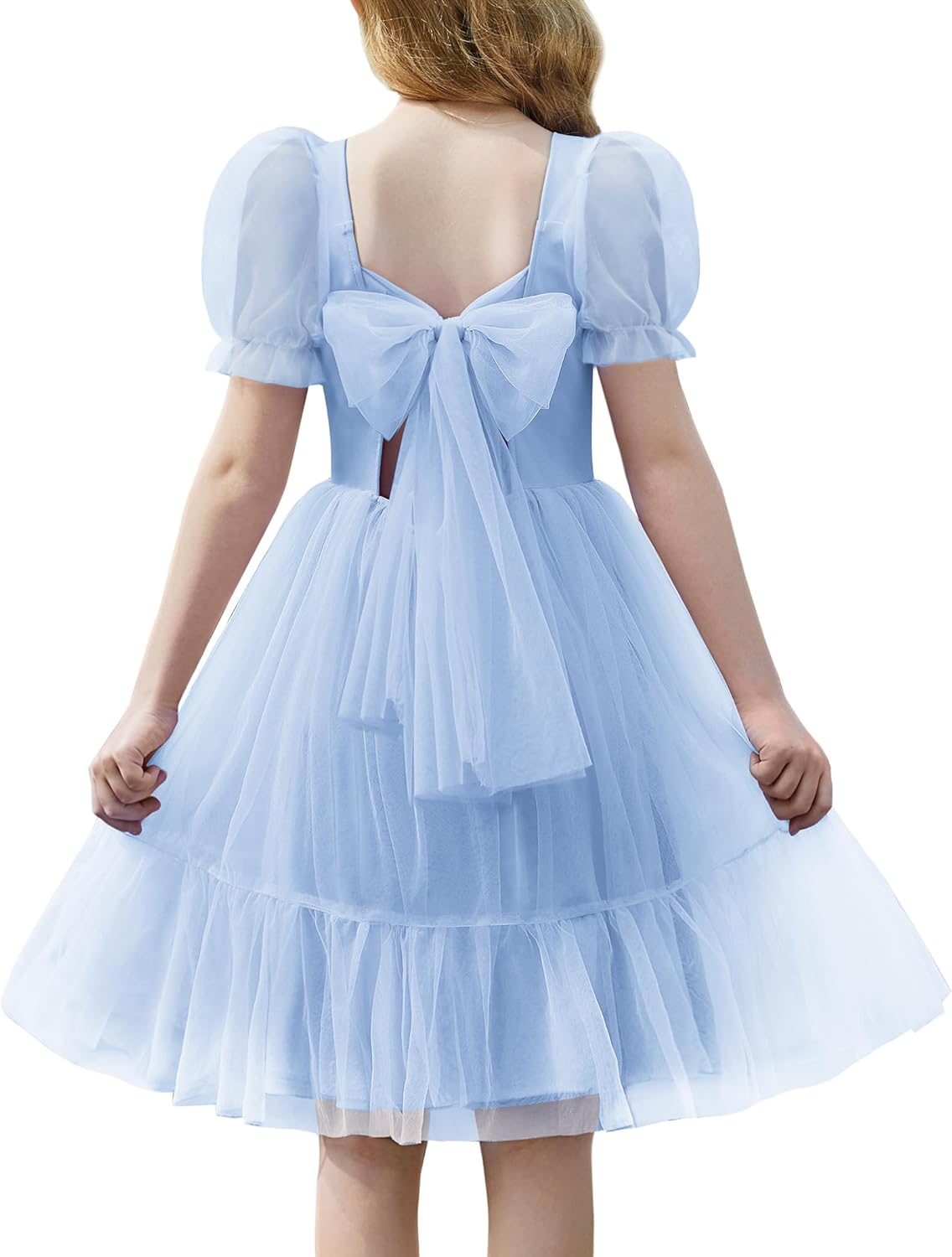 Arshiner Girls Dresses Tulle Bow Tie Back Puff Sleeve Party Holiday Spring Summer Dress for 6-16
