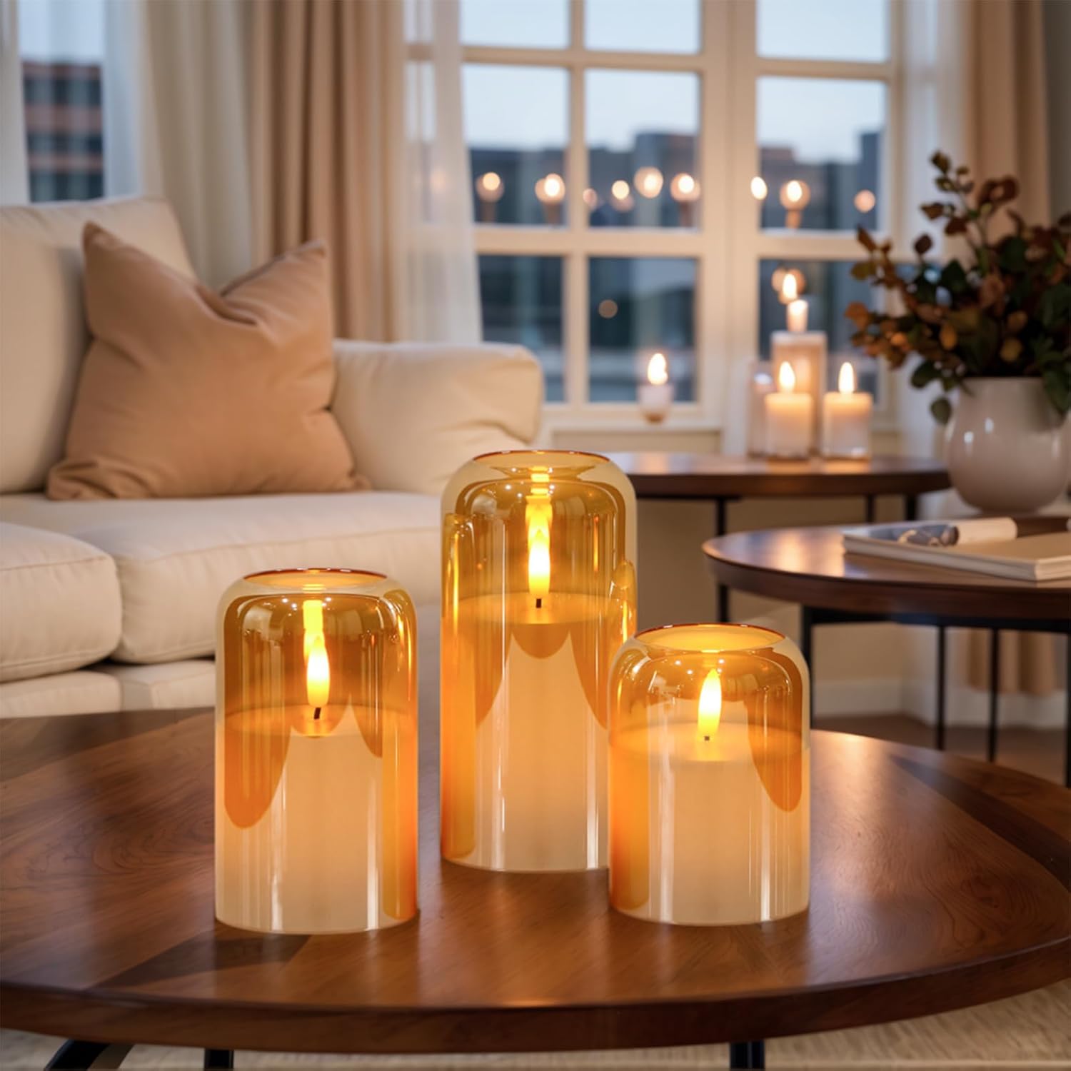 GenSwin Glass Gold Flameless Candles with Remote Timer, Battery Operated Candles with Flickering Flame, Glass and Real Wax LED Pillar Candle for Halloween Christmas Home Decor(Set of 3, D3”x4”5”6”)