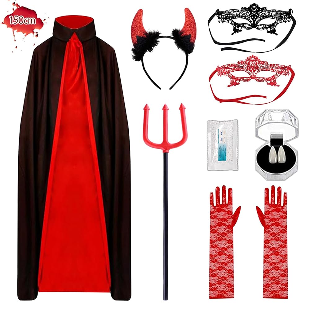 Mantello Da Vampiro Halloween Reversibile | Nero/Rosso, Unisex, Con Cappuccio 150 Cm - Foto 2