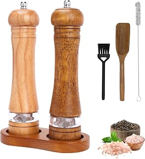 Wooden Salt and Pepper Grinder Set with Mill Tray, 8 inch Manual Refillable Pepper Mill of 2, Adjustable Coarseness, Ceramic Grinding Rotor, for Chilli, Lilac, Pepper, Salt, Wooden Brown
