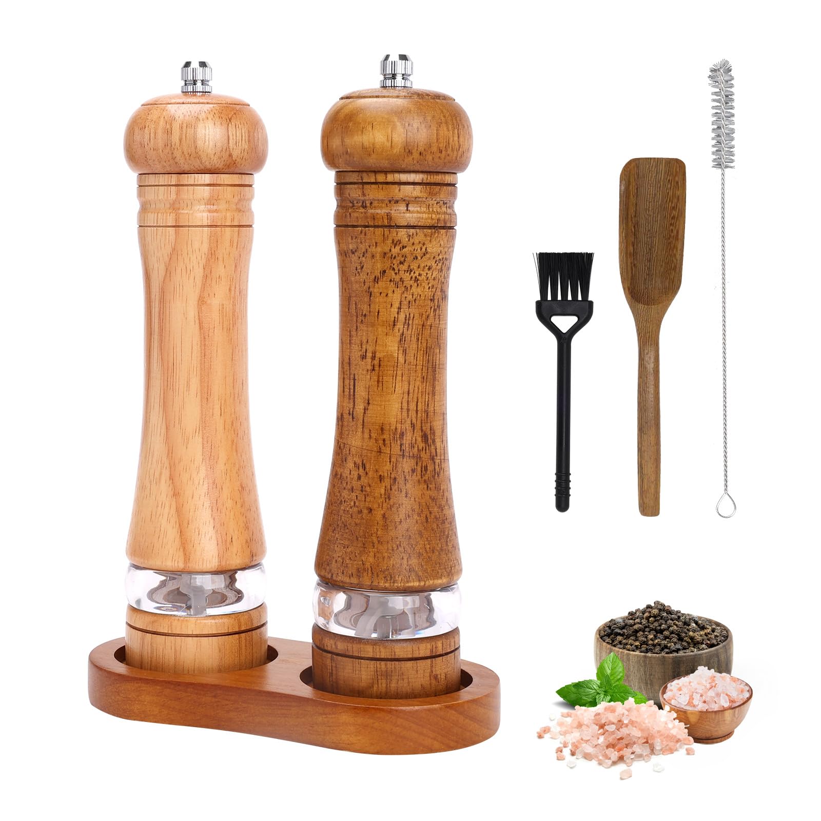 Wooden Salt and Pepper Grinder Set with Mill Tray, 8 inch Manual Refillable Pepper Mill of 2, Adjustable Coarseness, Ceramic Grinding Rotor, for Chilli, Lilac, Pepper, Salt, Wooden Brown