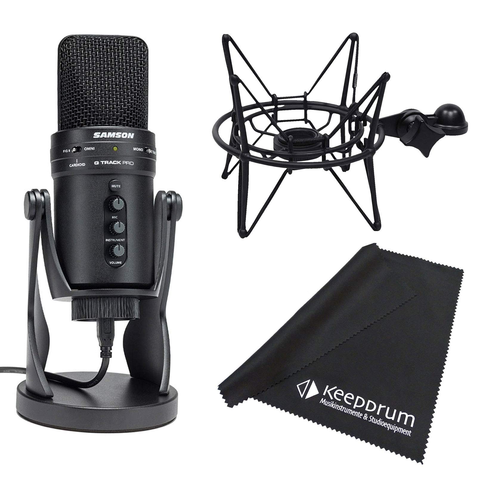 keepdrum Samson G-Track Pro USB-Mikrofon + SP04TB Mikrofonspinne Schwarz Mikrofasertuch