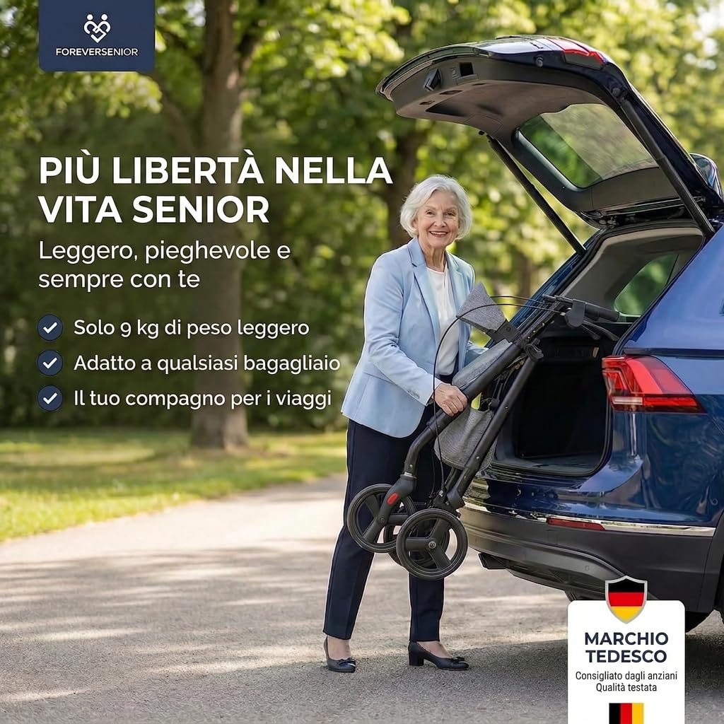 Deambulatore Rollator Pieghevole Leggero 9 kg con Seduta – Girello per Anziani in Acciaio, Borsa e Schienale Imbottito, Design Stretto per Interno ed Esterno