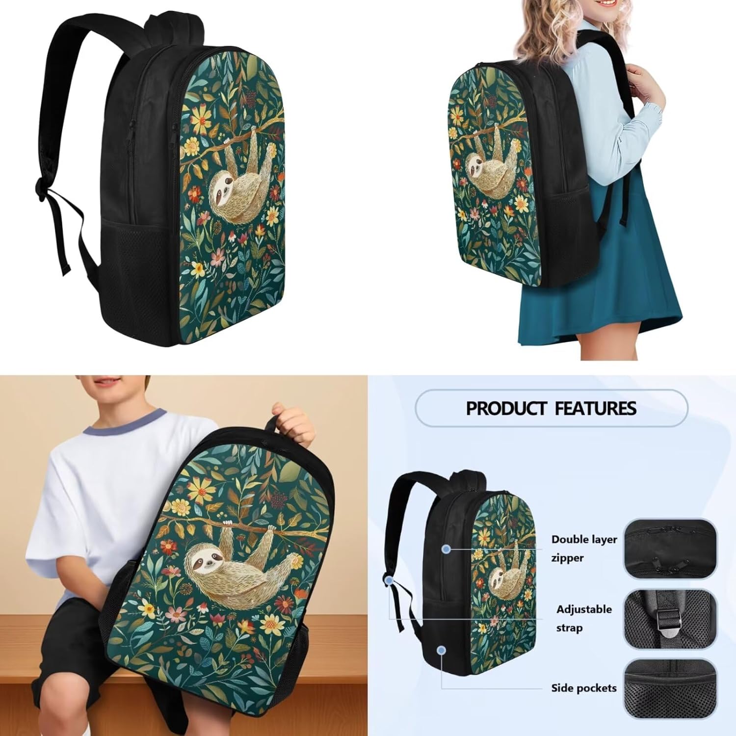 Sloth Floral School Backpack with Insulated Lunch Box Pencil Case Water Bottle Holder for Teens 4 Pcs Set, Student Bookbag School Bag Boys Girls Daypack for Travel Sport