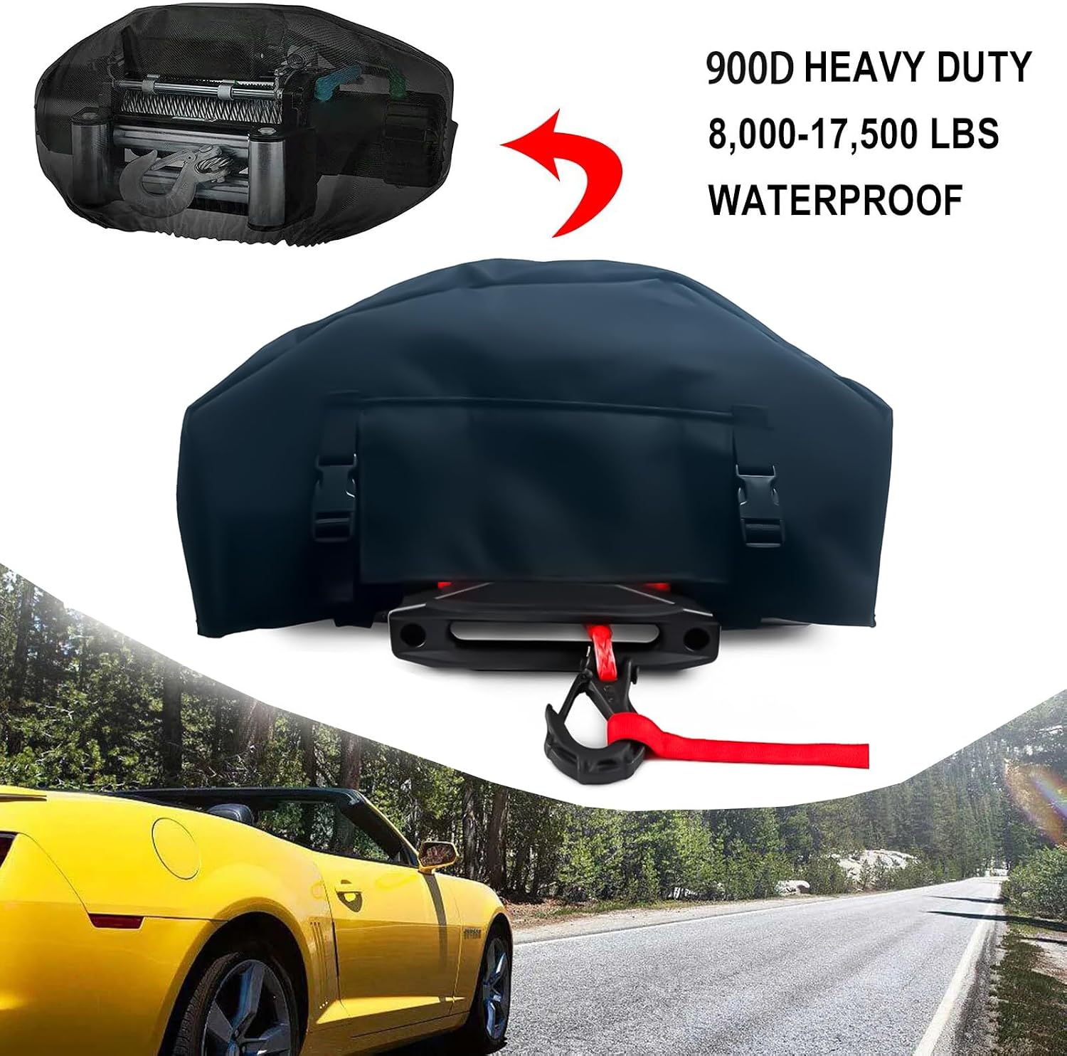 Winch Cover, Heavy Duty 900D Waterproof UV-resistant Winch Protective Cover, Indoor/Outdoor Winch Accessories, Weather Resistant Dustproof Cover for Electric Winches up to 8,000 -17,500 Lbs.