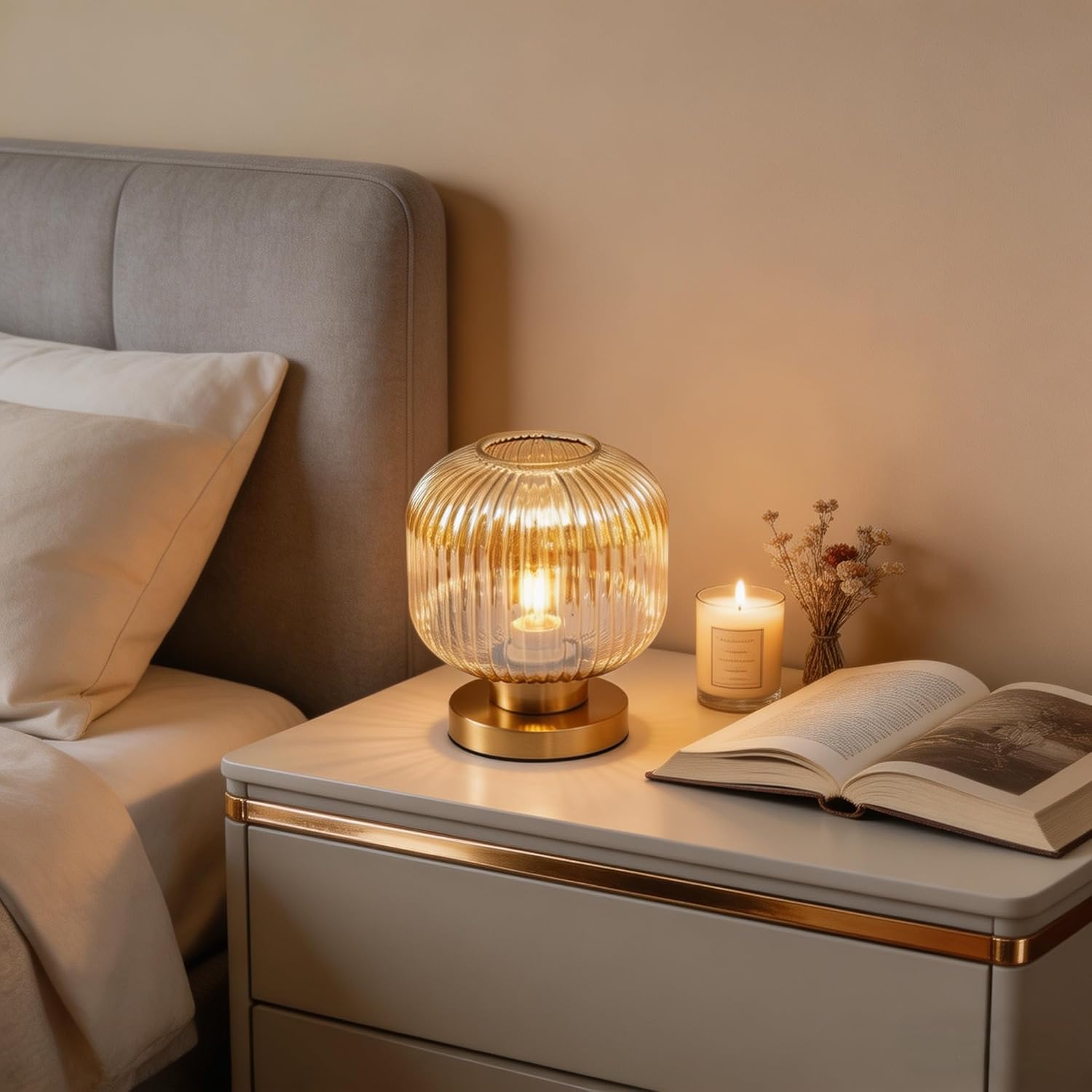 NKU Mid Century Modern Dimmable Table Lamp with Vintage Amber Ribbed Glass Globe & Brass Gold Base for Bedroom Living Room Office