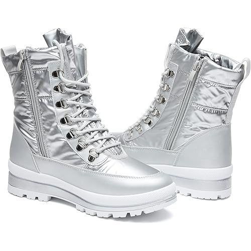 Moudki Womens Warm Fur Lined Snow Boots for Cold Weather, Non-slip Black Combat Boots with Zipper for Hiking, Lace up White Winter Booties for Women, Water Resistant Mid Calf Shoes