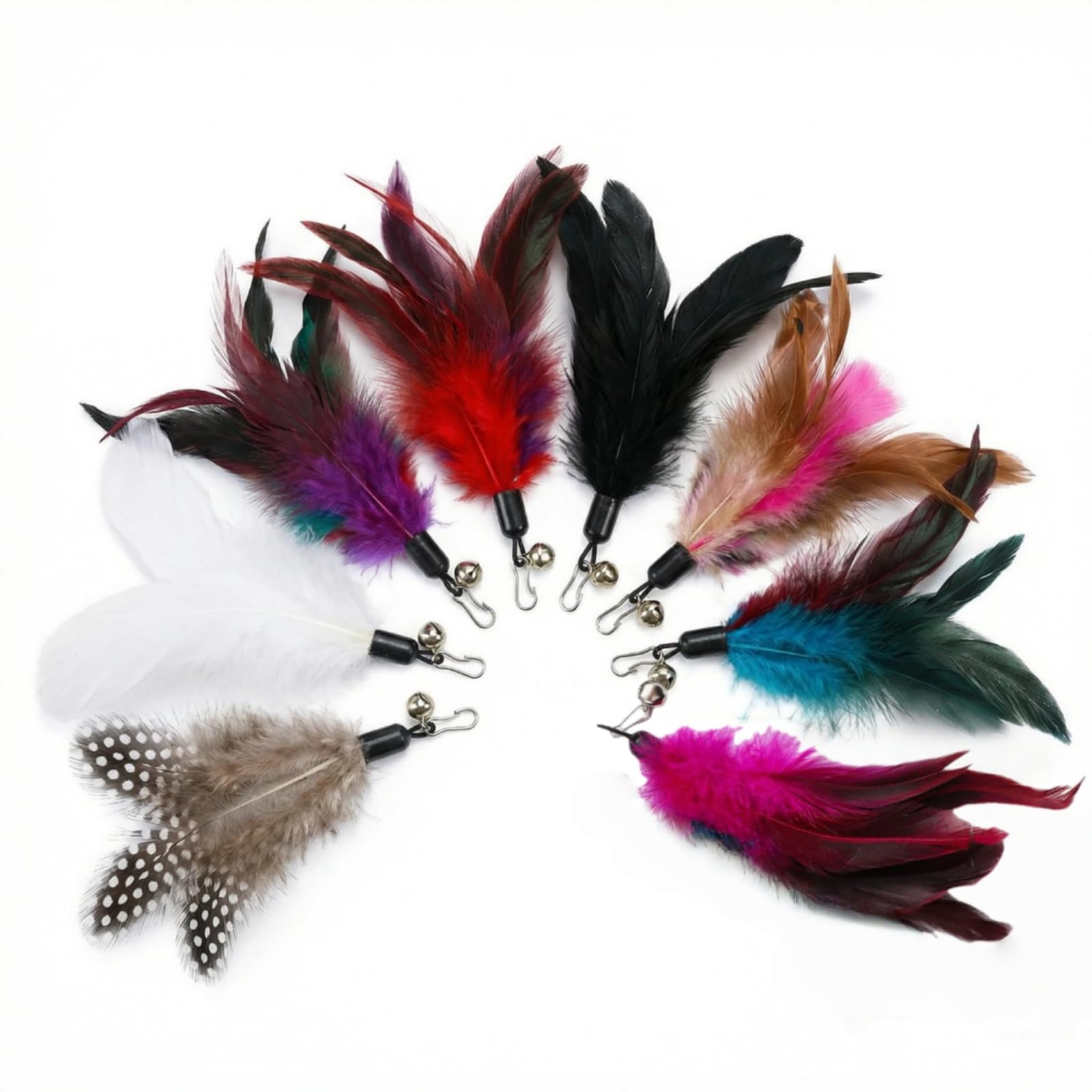 Mtbricey 8 Pieces Cat Feather Refills with Bells for Interactive Cat Wand Toys Attachment Feathers Kitten Toys for Indoor Cats to Chase Kick Bite for Exercise and Boredom Relief (Style B)