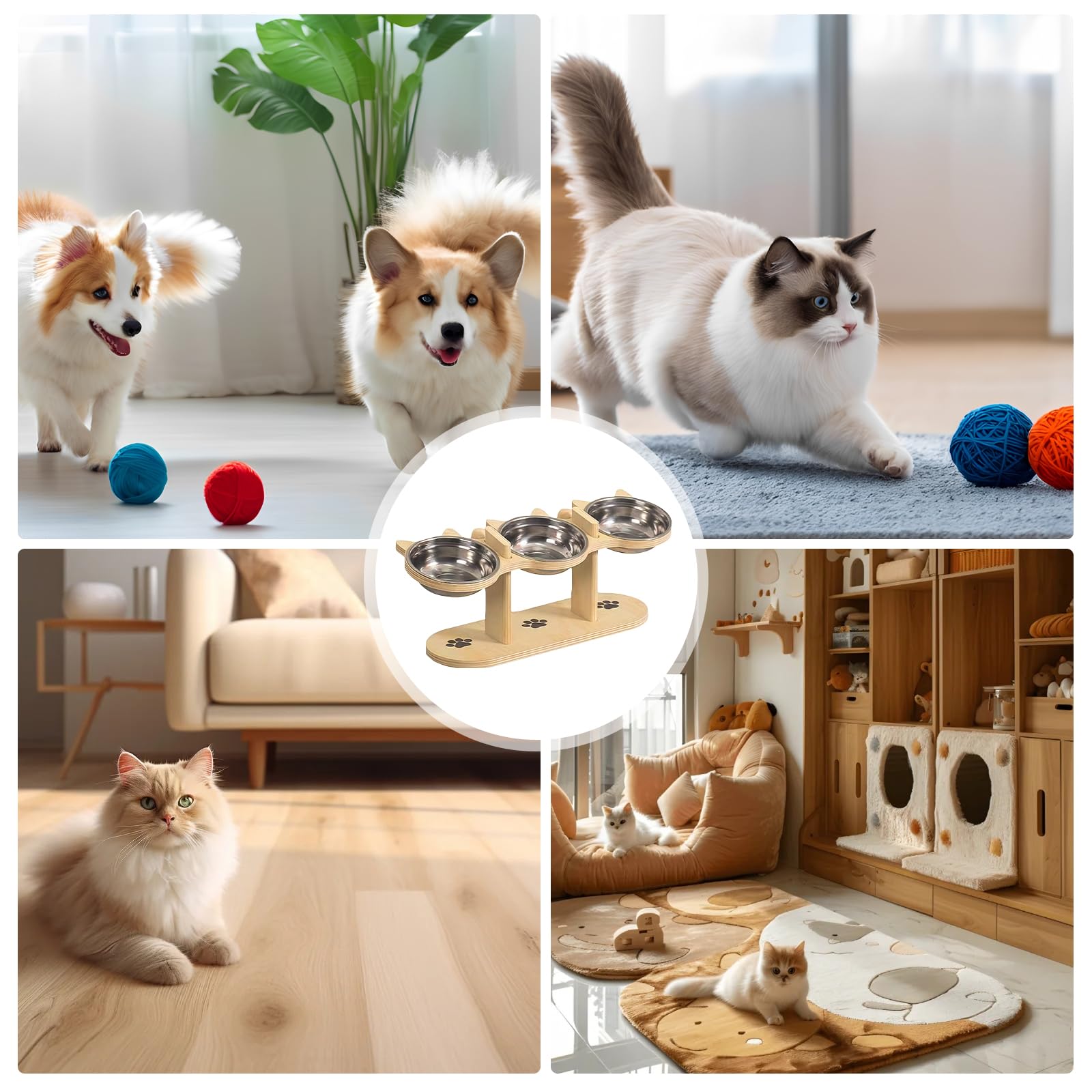 Katzennapf Erhöht, Futterstation Katze, 3 Edelstahlschalen mit Holzständer 15° Geneigter Futternapf Katze Erhöht, Höhenverstellbar Katzen Futterstation für Katzen, Welpen und Kleine Hunde