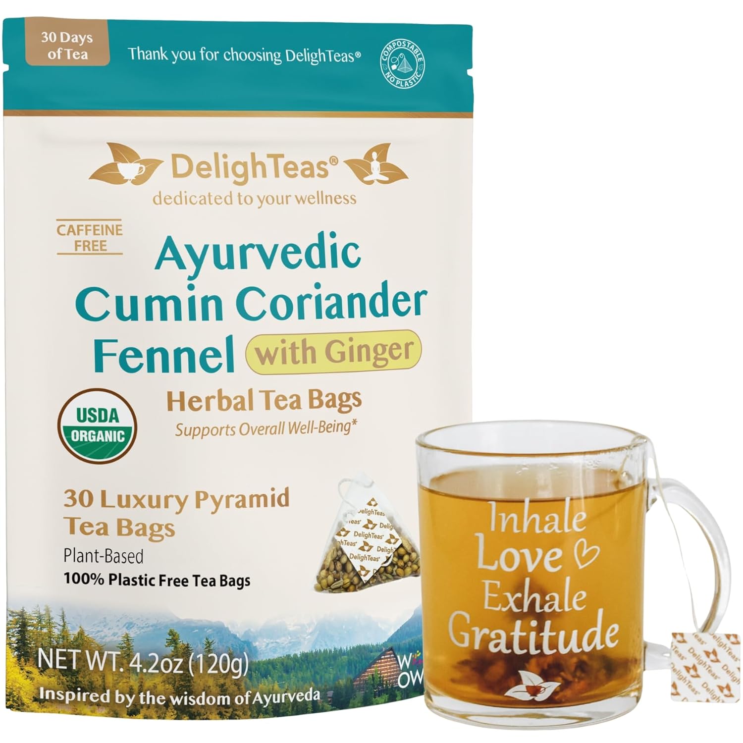 DelighTeas Organic CCF Ginger Tea with Inspirational Tea Mug | 30 Eco-Conscious Pyramid Tea Bags | Ayurvedic Cumin, Coriander, Fennel, Ginger Tea