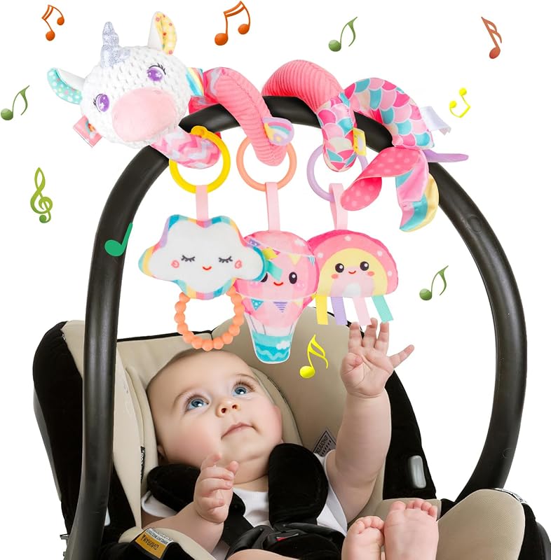 Funsland Giocattolo a Spirale Passeggino Neonato - Giochi Passeggino Neonati Regalo per 0 3 6 Mesi, Peluche Giocattolo a Spirale con Musica per Culla Neonato/Seggiolino Auto, Rosa