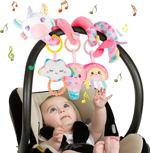 Espiral Carro Bebe Juguetes - Juguete Colgante Espiral Actividades con Musica y Sonajero, Juguetes Recien Nacido 0 3 6 12 Meses, Peluches para Bebes Niños y Niñas Regalos Originales, Rosa