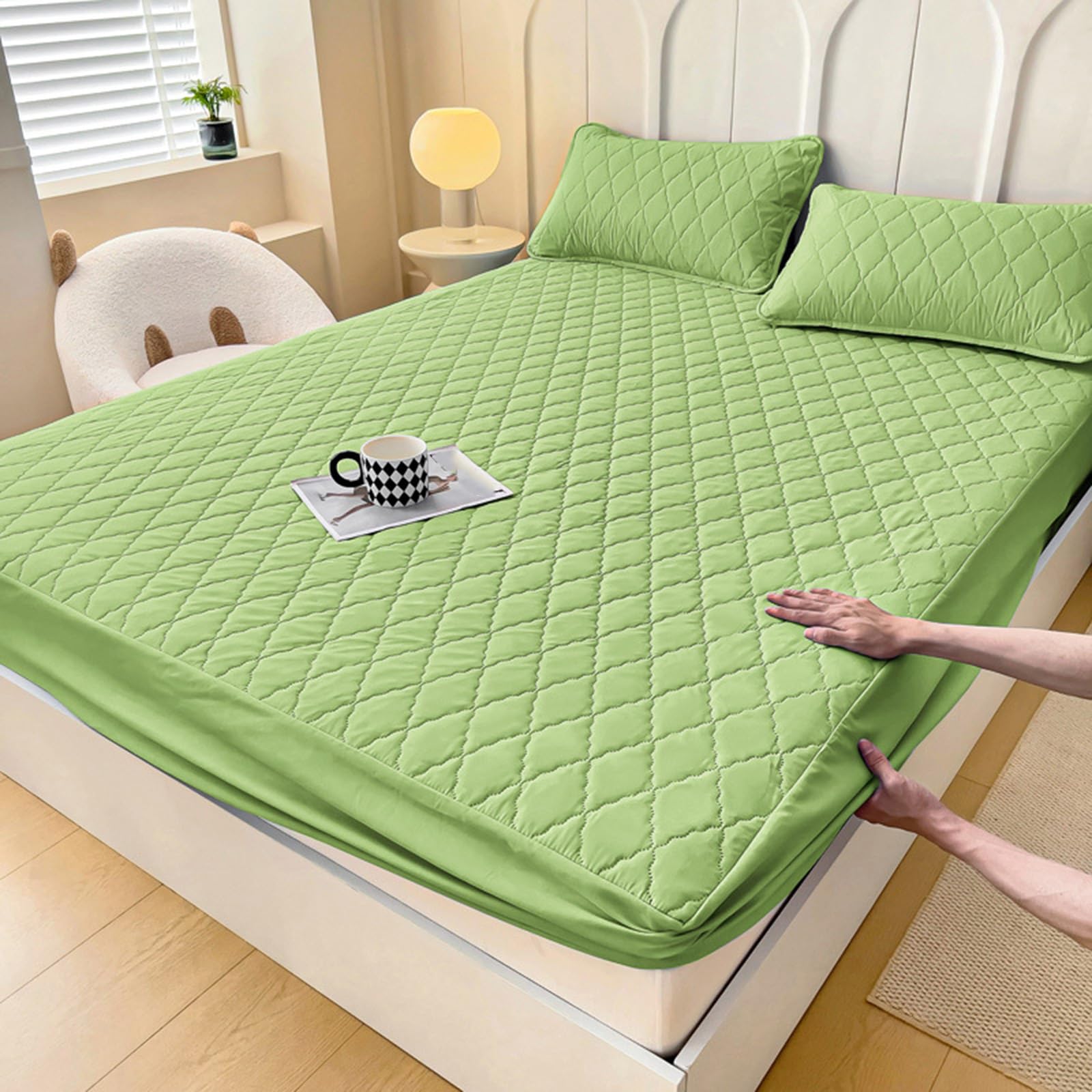Drap housse 180x200 vert clair protège-matelas doux pour literie saine