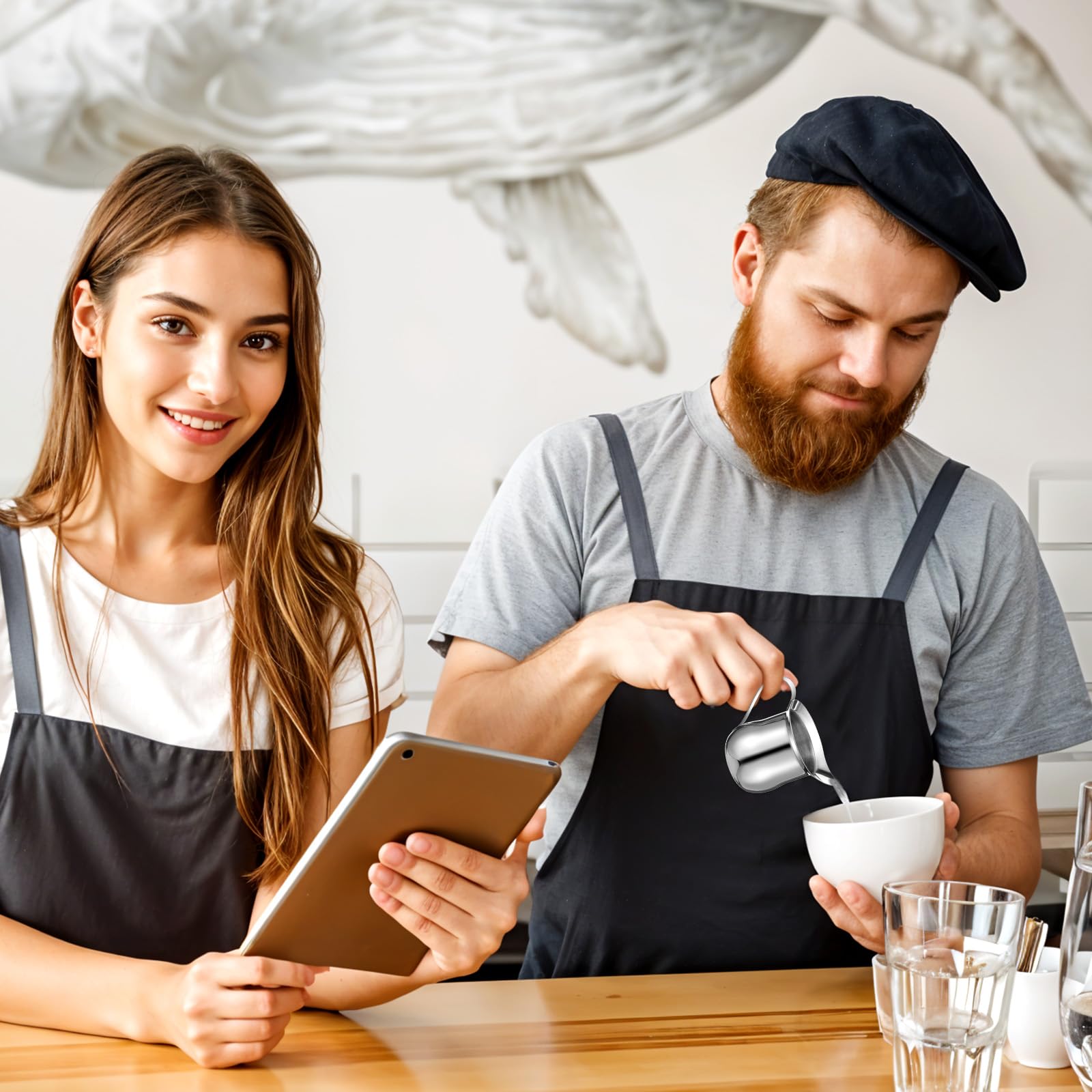 Paquete de 8 jarras para crema de 3 onzas, cremas de campana de acero inoxidable, mini dispensador de crema con boquilla de vertido para servir leche, crema de café, jarabe de arce, máquina de
