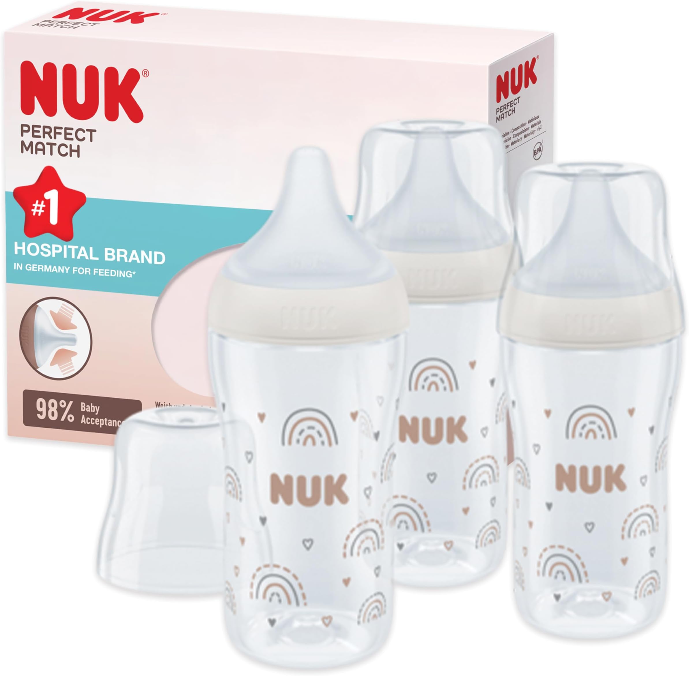 Perfect Match Baby Bottles Set | 3+ Months | Adapts to Baby's Palate | Temperature Control | Anti Colic Vent | 260 ml | BPA-Free | Medium Silicone Teat | Rainbow | 3 Count