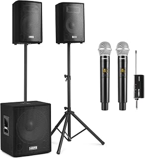 Vonyx VX1015BT Mobile PA System Complete Set + 2 Microphones, Active Bluetooth, 1000 Watt DJ Boxes, Speaker for Sound Supply, 2 Speakers, 1 Subwoofer, Cable, Tripods, Bag 1000W + Mikrofonset