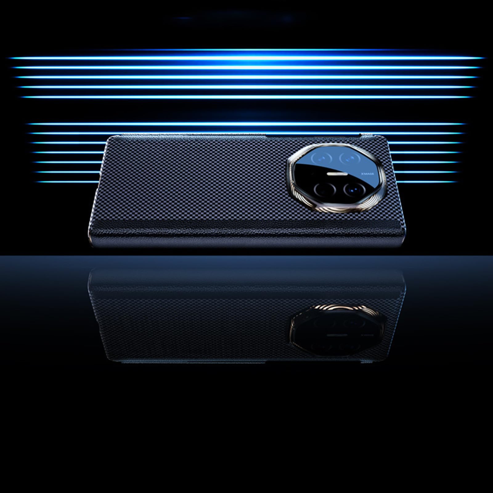 Housse pour Huawei Mate XT, Charnière Antichoc Coque Arrière en Cuir Fibre De Carbone Texture Mince Luxe Protection Étui,Noir,Mate XT