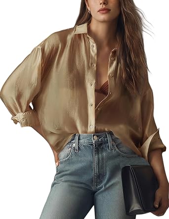 Wyeysyt Sheer Tops for Women Shiny Mesh See Through Shirt BlouseBrown-M