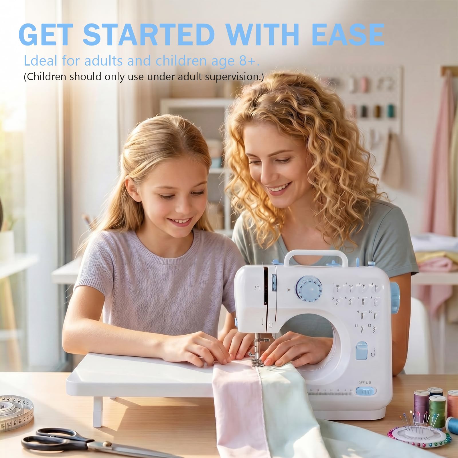 Máquina de coser 505 para principiantes: 12 puntadas integradas con mesa de expansión, pedal de pie y kit completo de accesorios, máquina de coser doméstica resistente para adultos y niños