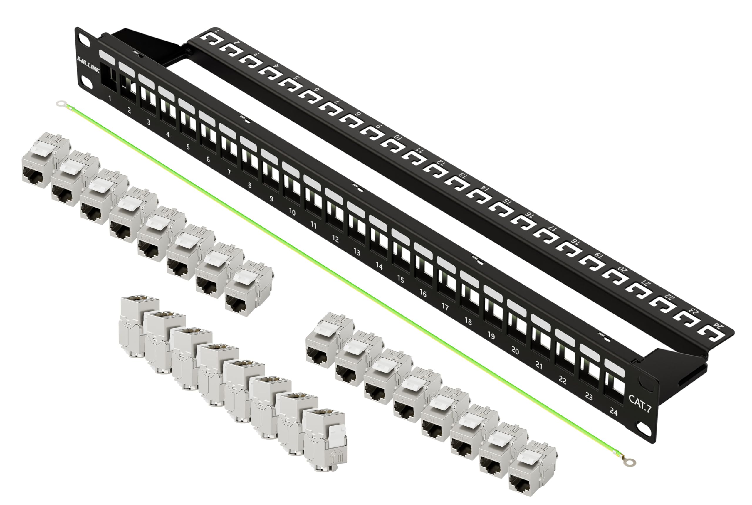 iwillink 24 Port CAT7 Patchpanel Set Patchfeld Verteilerfeld Modular, 1HE Geschirmtes 19 Zoll Rack Verteilerfeld, 10 Gbit/s 600 MHz, LAN Netzwerk Verteiler, Schwarz | CAT7 STP Patchpanel 24 Port Set