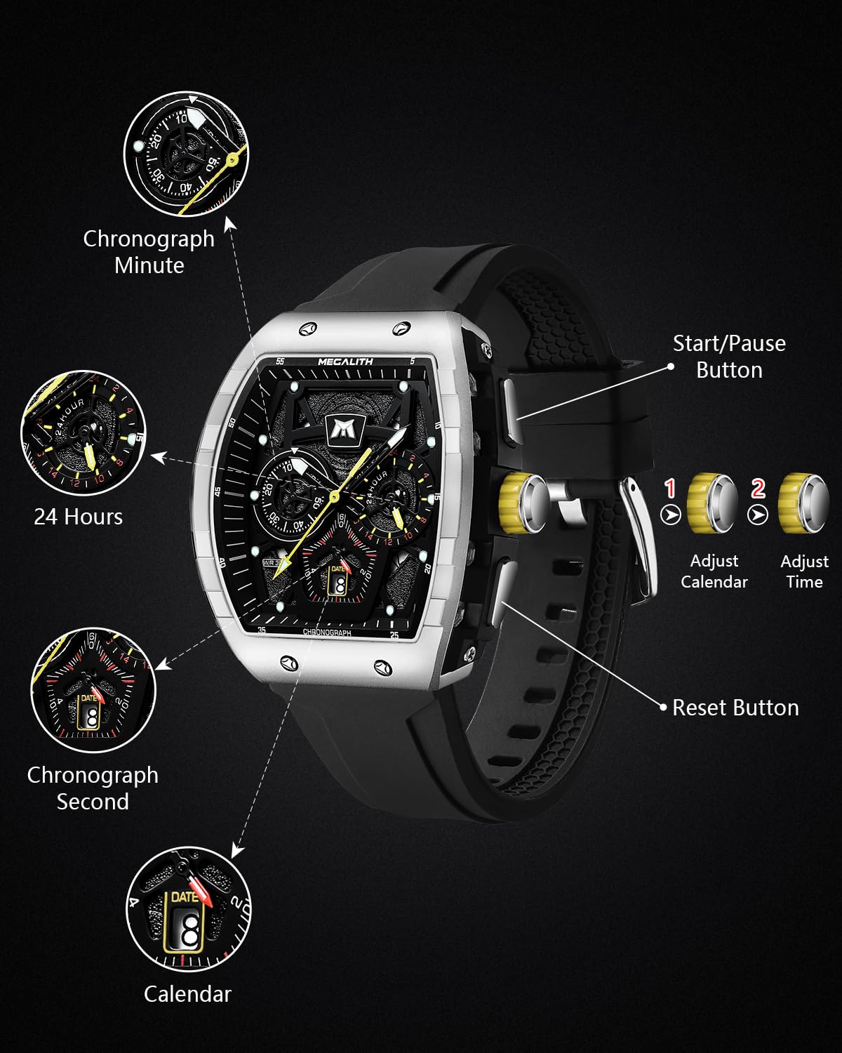 MEGALITH Orologio Uomo Militare Grande Sport Orologi da Polso Cronografo Impermeabile Orologio Uomo Moda Analogico Quarzo Quadrato Quadrante Disegno Gomma Luminosi Calendario Regali Eleganti per Uomo