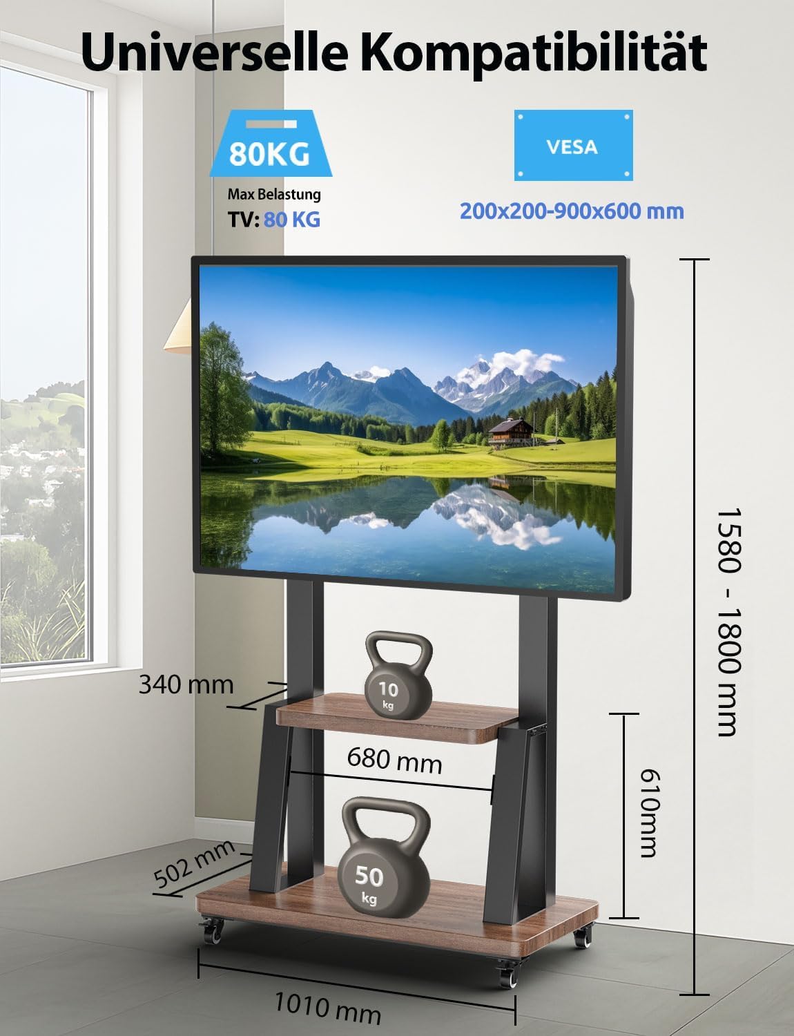 Rollbarer TV Ständer für 32-100 Zoll Fernseher,Professioneller Monitor Stand mit Rollen höhenverstellbar,max VESA 900x600 Last bis 80kg Wohnzimmer Schlafzimmer Büro Universeller TV Standfuss